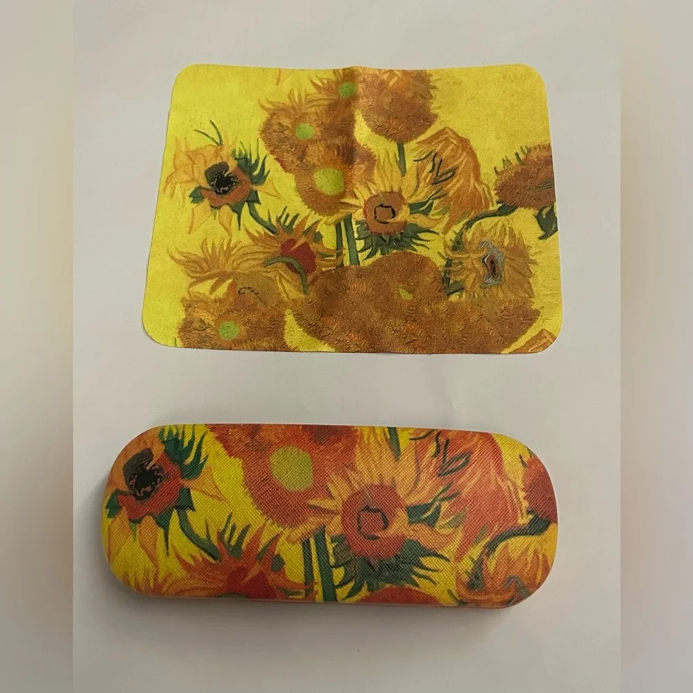 New Sunflowers Hard Eyeglases Case Van Gogh Snaps Felt Lining Cleaning Cloth